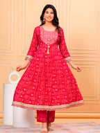 Embroidered & Bandhani Printed Kurta With Pant & Dupatta, Pink - Hiral Fashion | Grocsy
