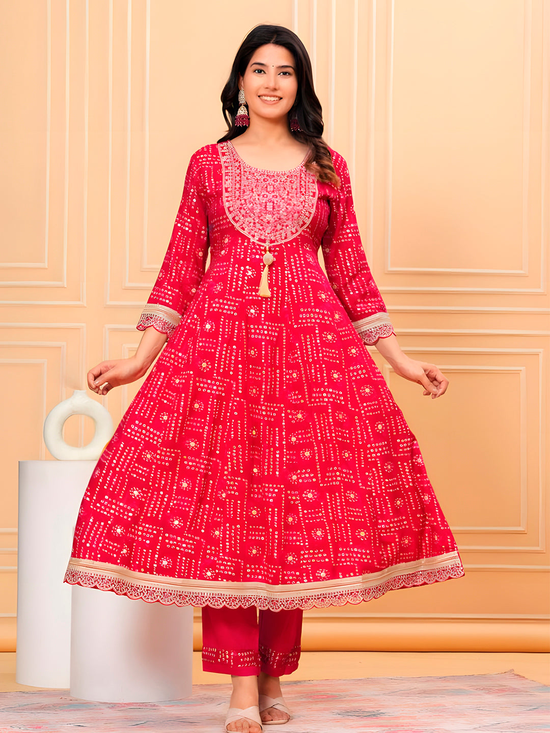 Embroidered & Bandhani Printed Kurta With Pant & Dupatta, Pink - Hiral Fashion | Grocsy