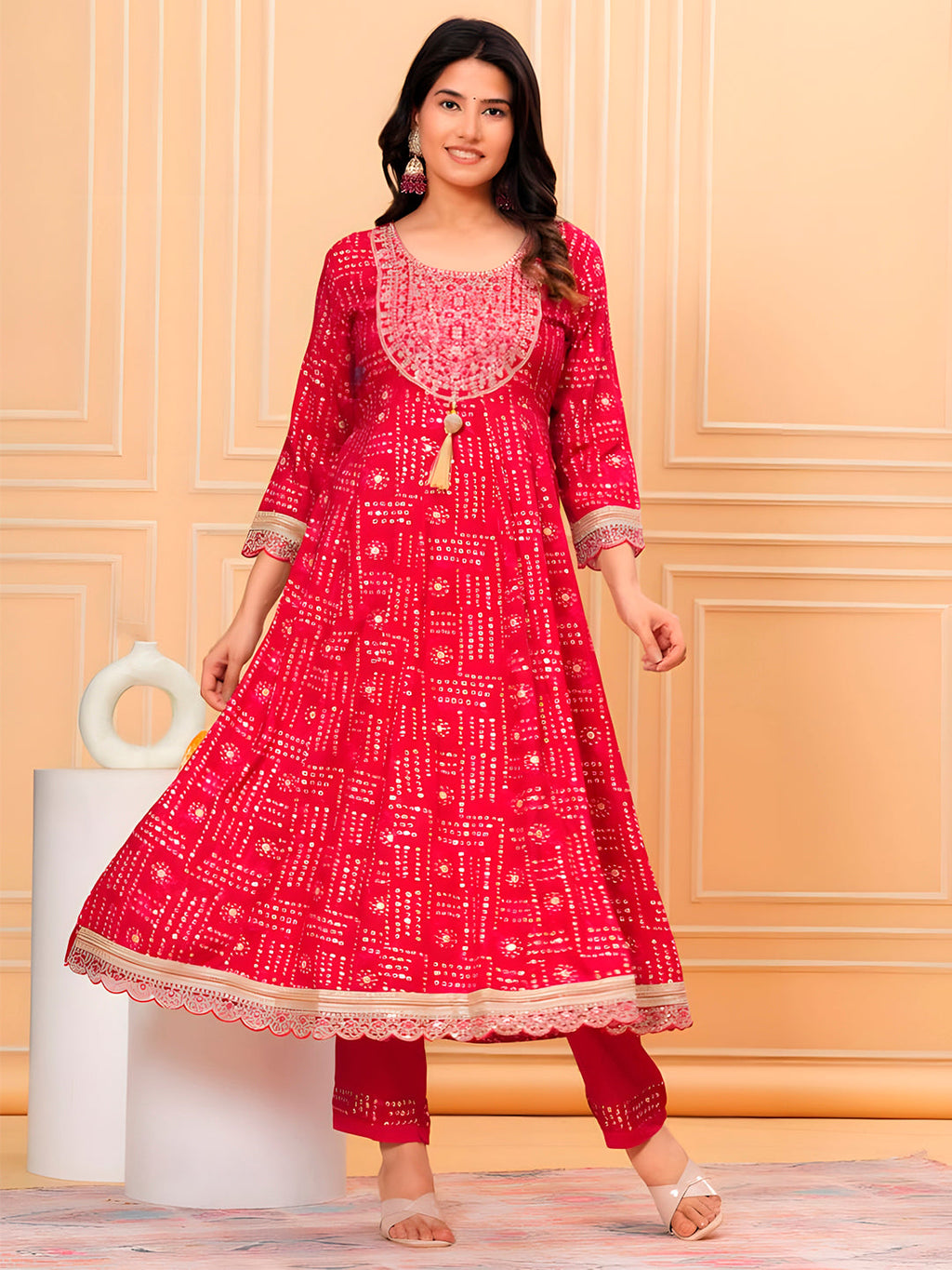 Embroidered & Bandhani Printed Kurta With Pant & Dupatta, Pink - Hiral Fashion | Grocsy