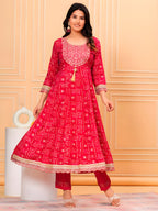 Embroidered & Bandhani Printed Kurta With Pant & Dupatta, Pink - Hiral Fashion | Grocsy