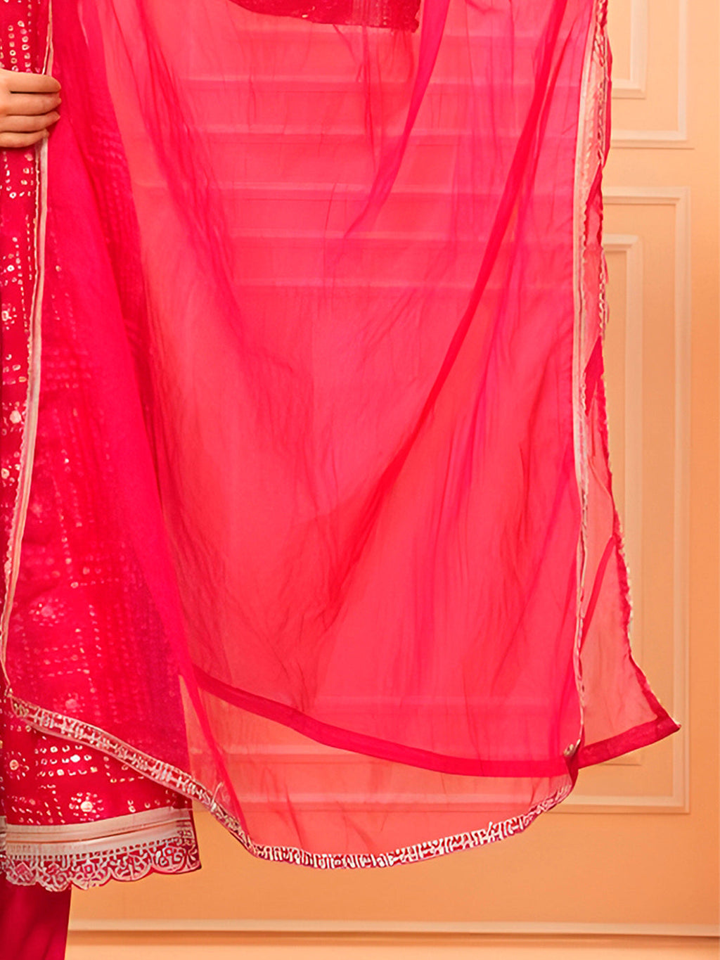 Embroidered & Bandhani Printed Kurta With Pant & Dupatta, Pink - Hiral Fashion | Grocsy