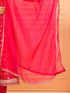 Embroidered & Bandhani Printed Kurta With Pant & Dupatta, Pink - Hiral Fashion | Grocsy