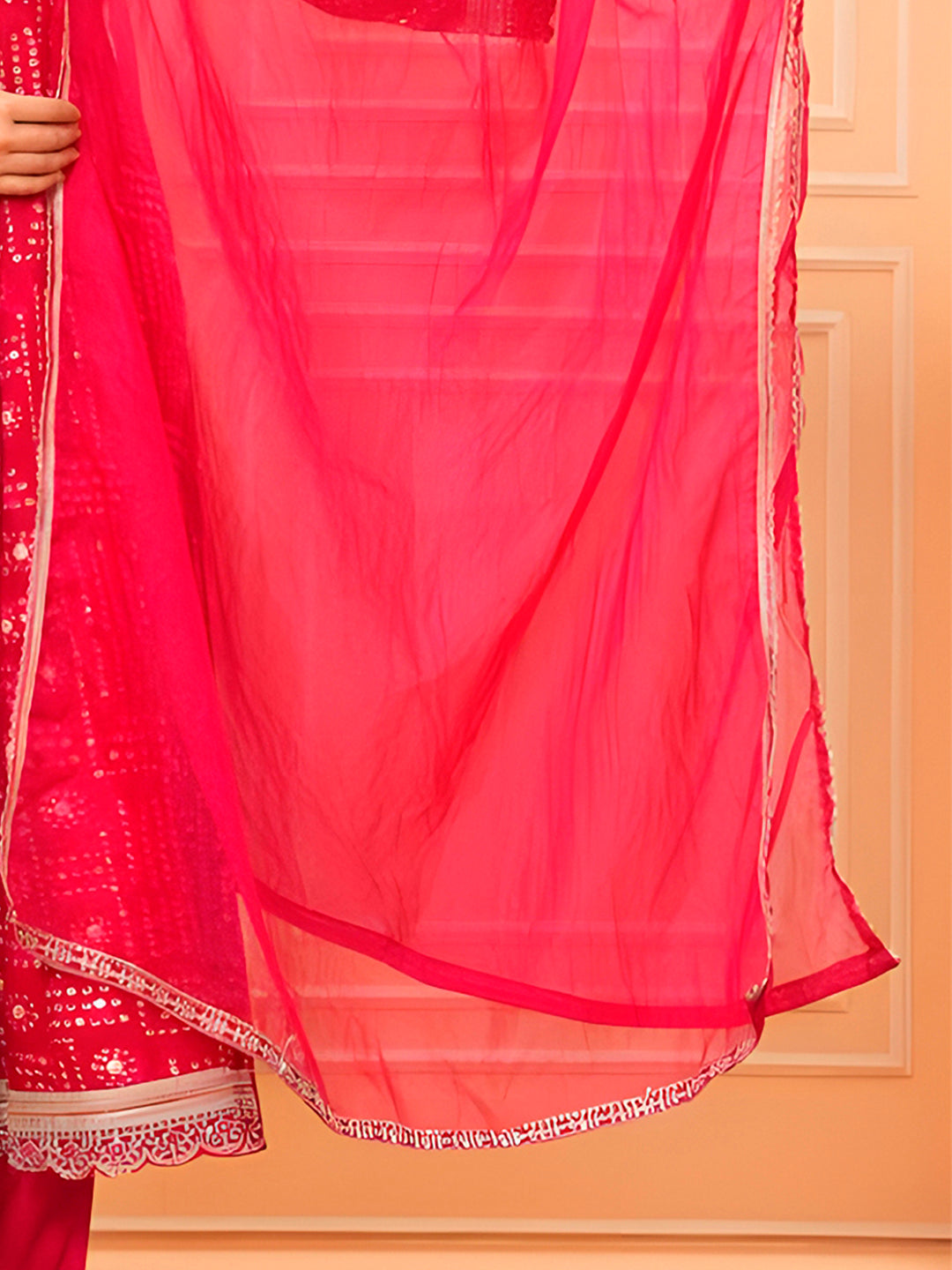 Embroidered & Bandhani Printed Kurta With Pant & Dupatta, Pink - Hiral Fashion | Grocsy