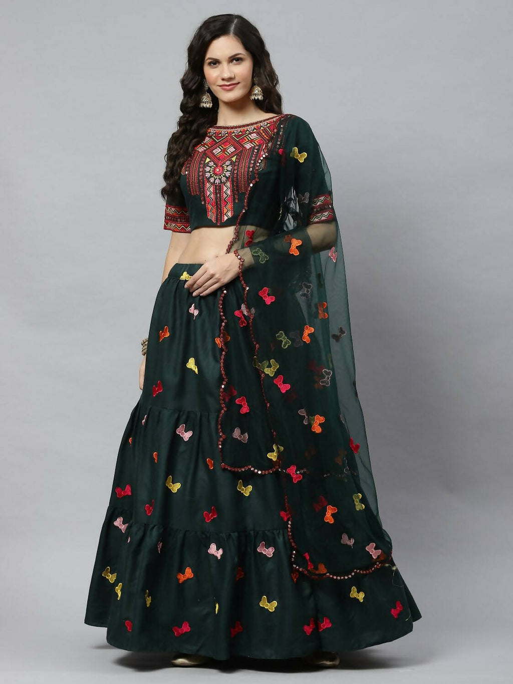 Dark Green Cotton Embroidered Work Lehenga Choli with Dupatta - Jivika | Grocsy