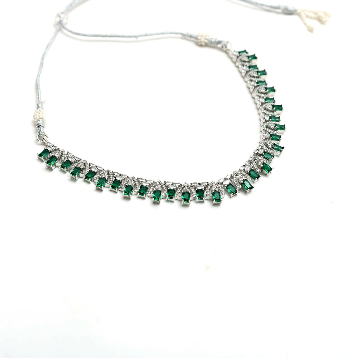 Mominos Fashion Johar Kamal Silver-Plated American Diamond Green Choker Set | Grocsy