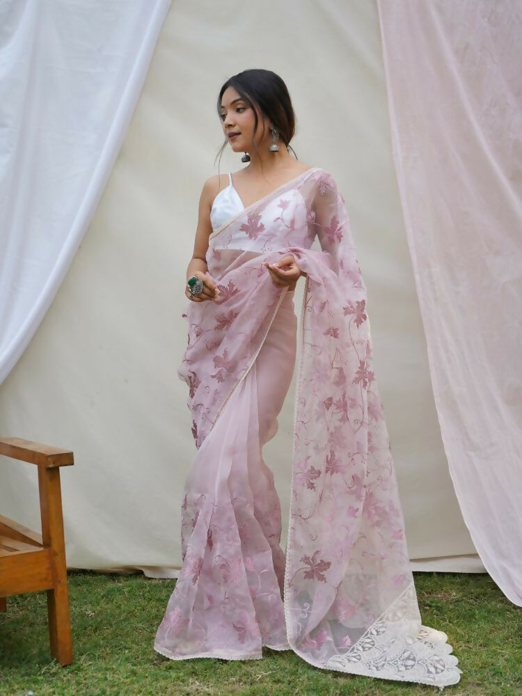 Vamsee Ishaq Baby Pink Organza Saree | Grocsy