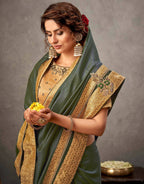 Moss Green Tusser Silk Resham, Cord And Sequins Embroidery, Handwork Butta Saree - Norita Arinya | Grocsy