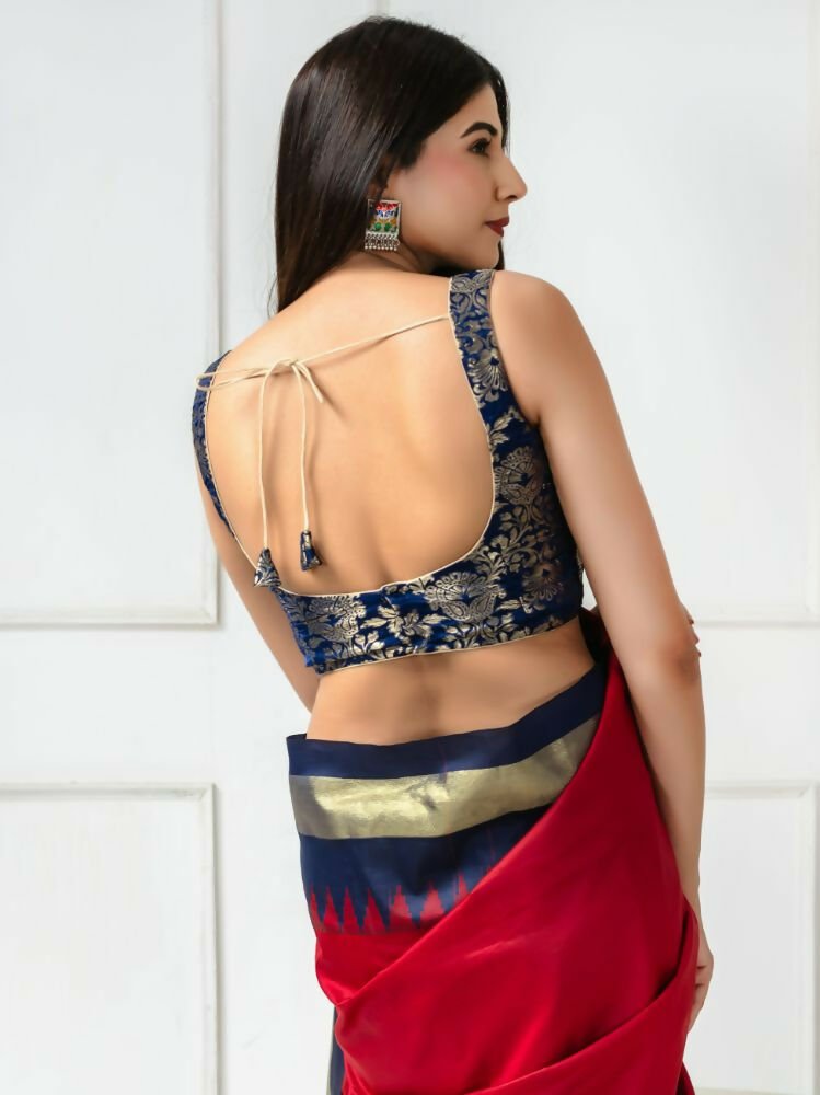 Amodini Designer Studio Women's Banarsi Brocade Sleeveless Blue Blouse | Grocsy