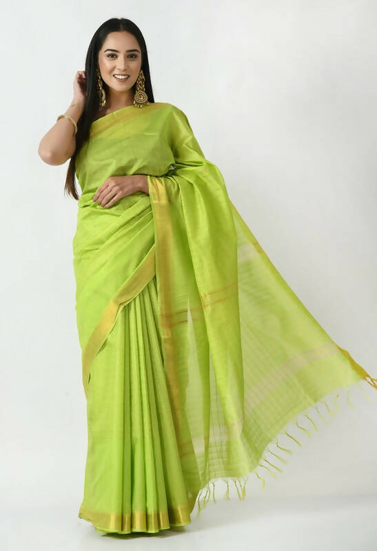 Mominos Fashion Moeza Parrot Green Bhagalpuri Handloom Silk Raj Shree Saree with unstitched Blouse piece | Grocsy