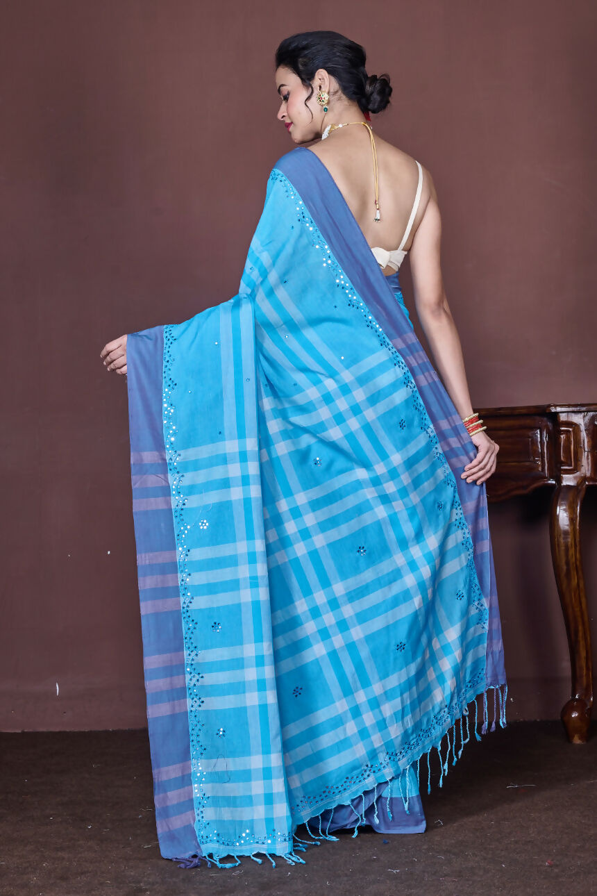Morchari Blue Cotton Handloom Mirror Work Saree Unstitched Blouse | Grocsy