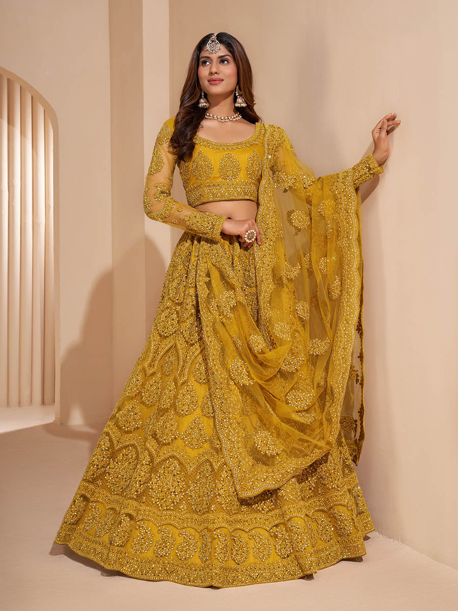 Myra Mustard Yellow Heavy Embroidered Designer Lehenga | Grocsy