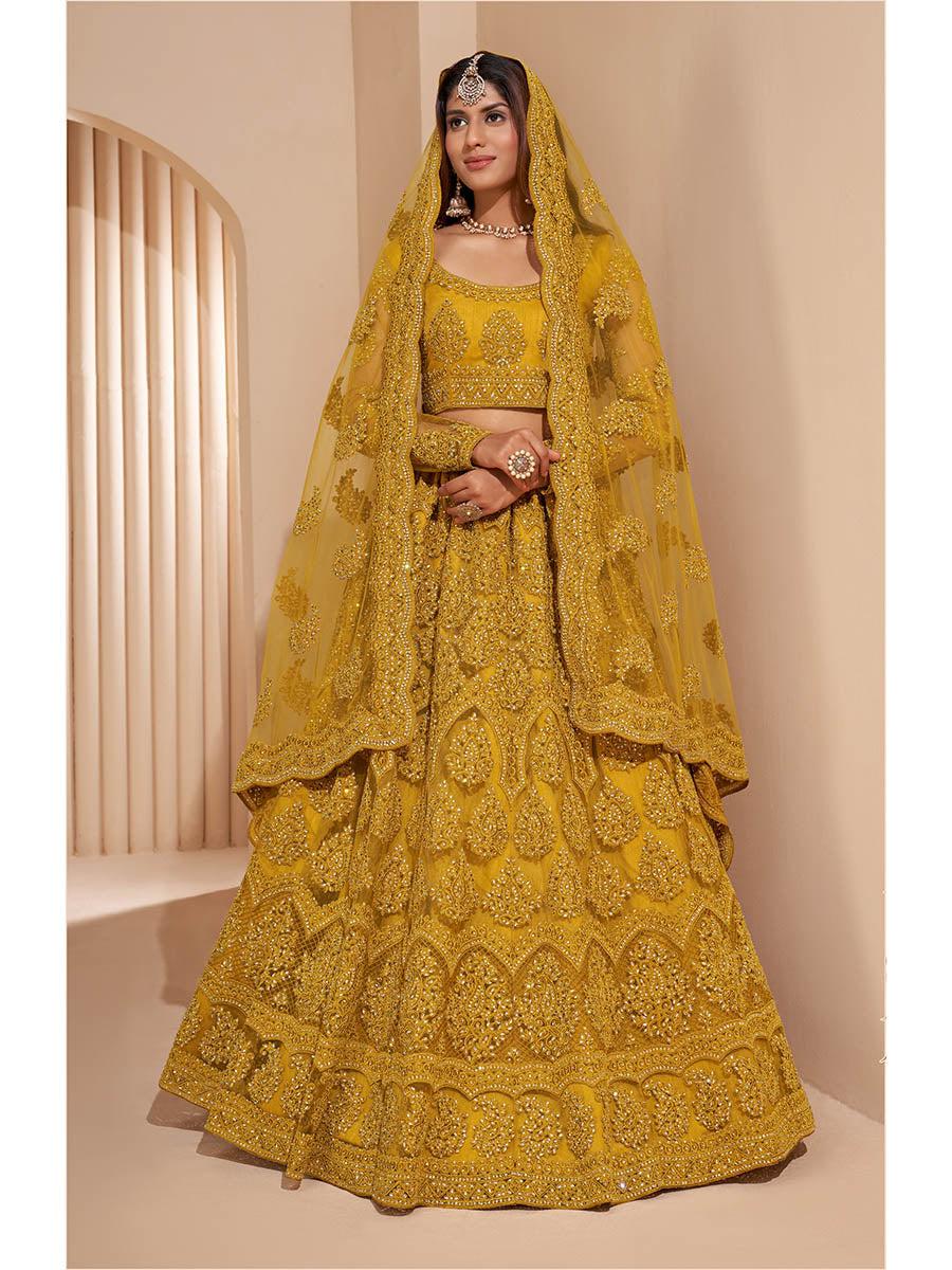Myra Mustard Yellow Heavy Embroidered Designer Lehenga | Grocsy