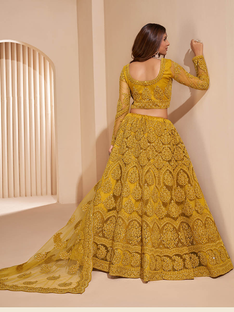 Myra Mustard Yellow Heavy Embroidered Designer Lehenga | Grocsy