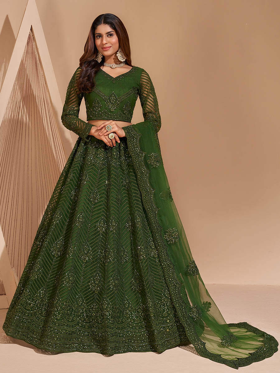 Myra Mehendi Green Heavy Embroidered Designer Lehenga | Grocsy