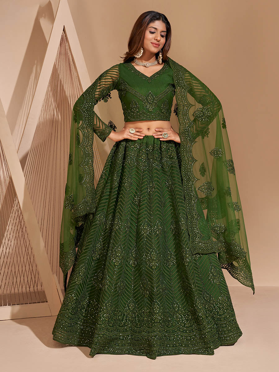 Myra Mehendi Green Heavy Embroidered Designer Lehenga | Grocsy
