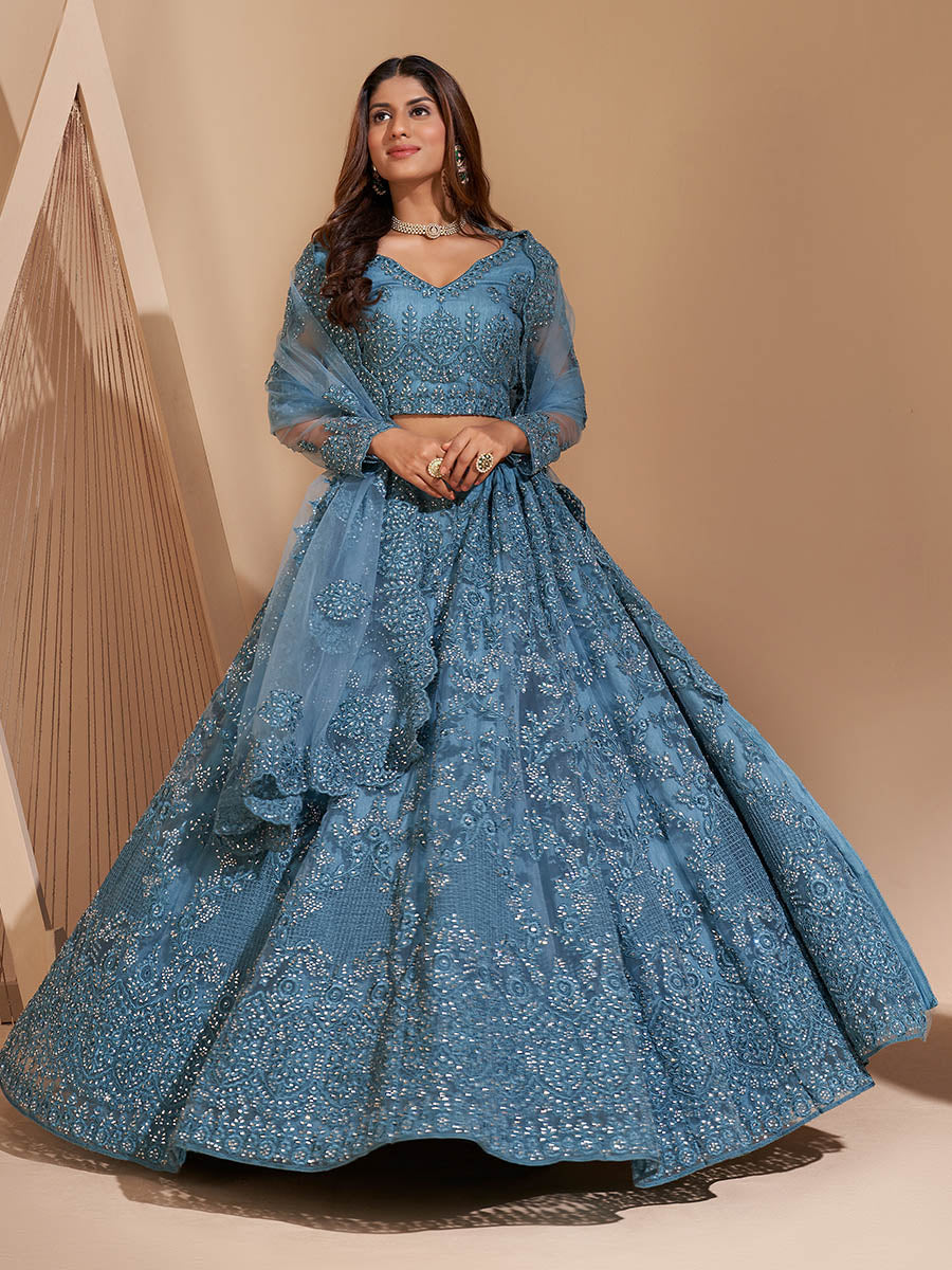 Myra Aqua Blue Heavy Embroidered Designer Lehenga | Grocsy