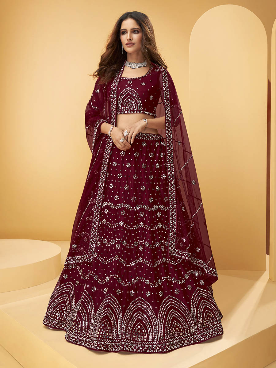Myra Maroon Heavy Embroidered net Designer Lehenga | Grocsy