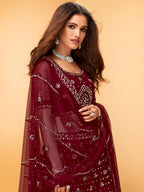 Myra Maroon Heavy Embroidered net Designer Lehenga | Grocsy