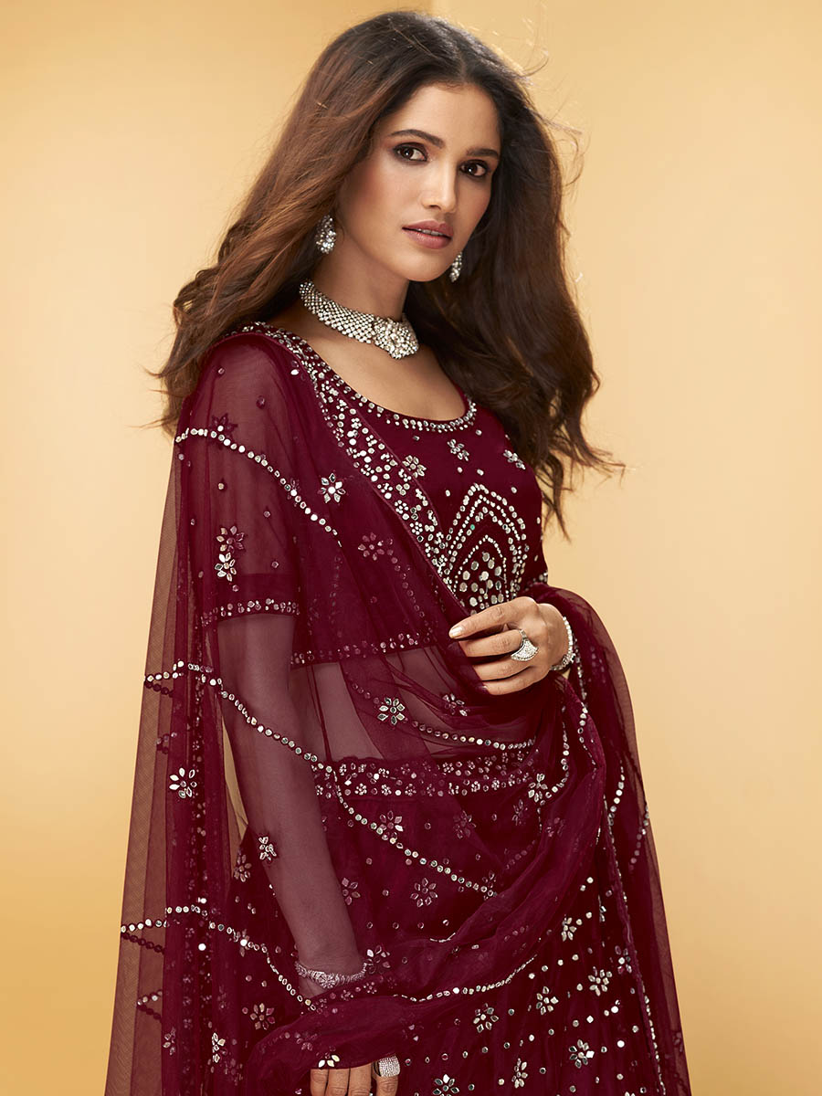 Myra Maroon Heavy Embroidered net Designer Lehenga | Grocsy