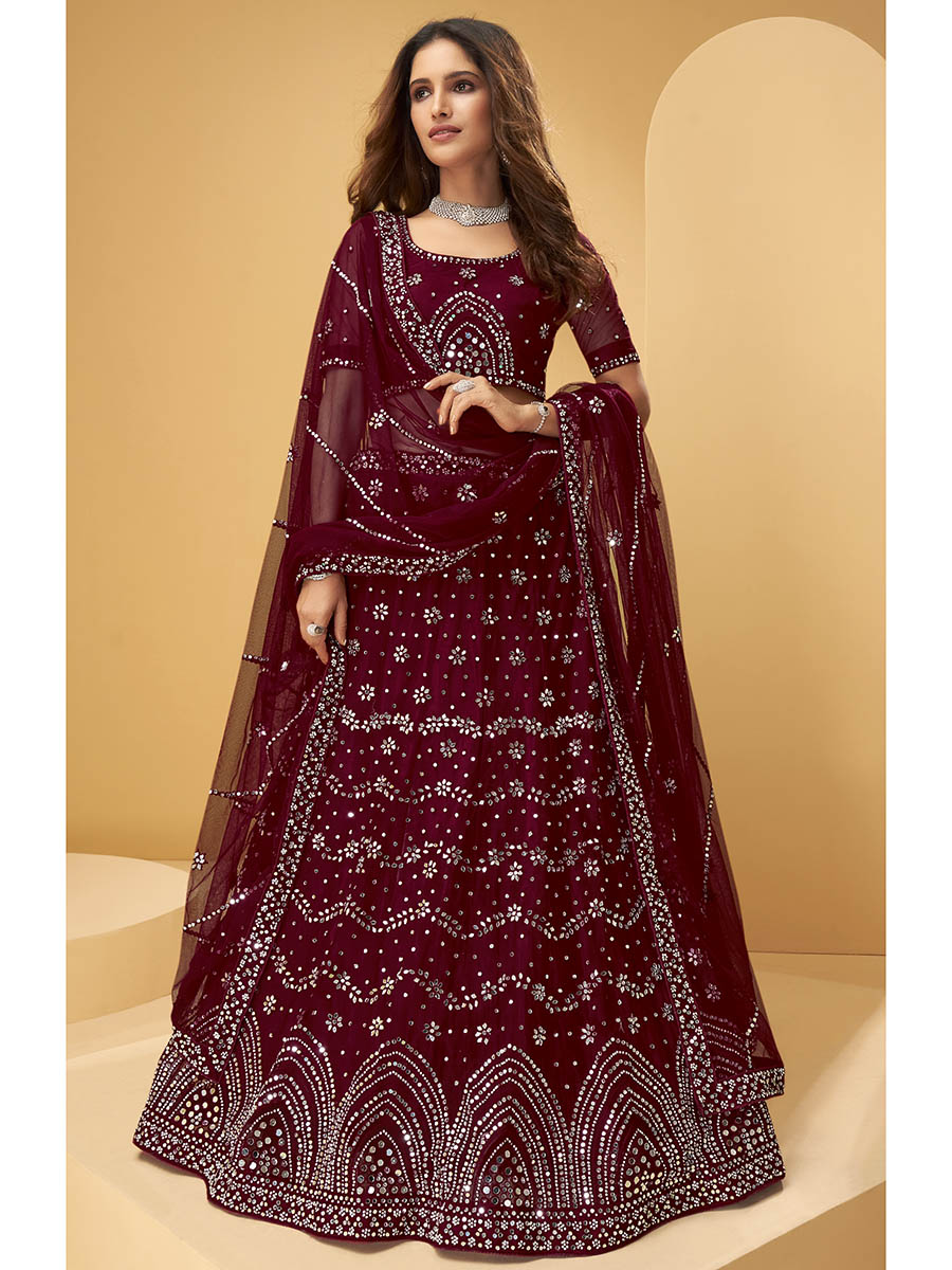 Myra Maroon Heavy Embroidered net Designer Lehenga | Grocsy