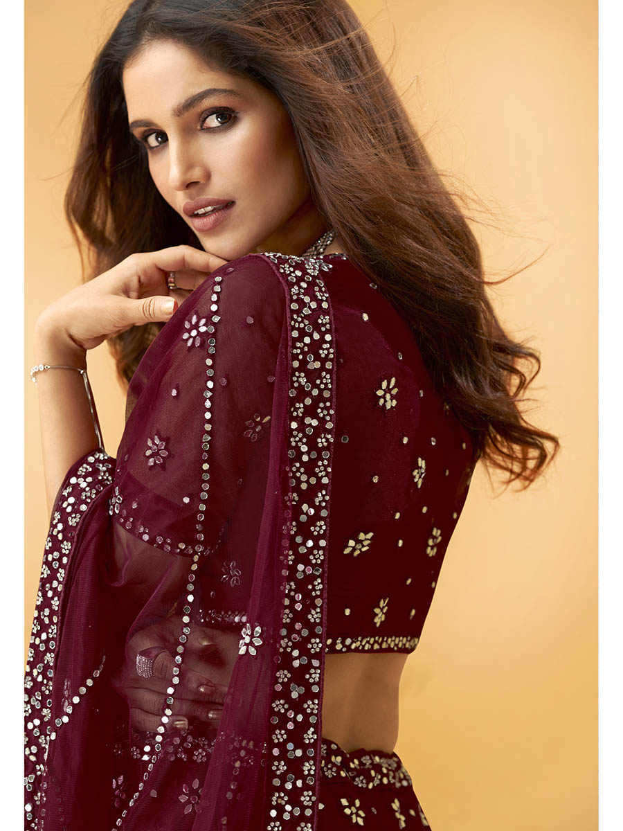 Myra Maroon Heavy Embroidered net Designer Lehenga | Grocsy