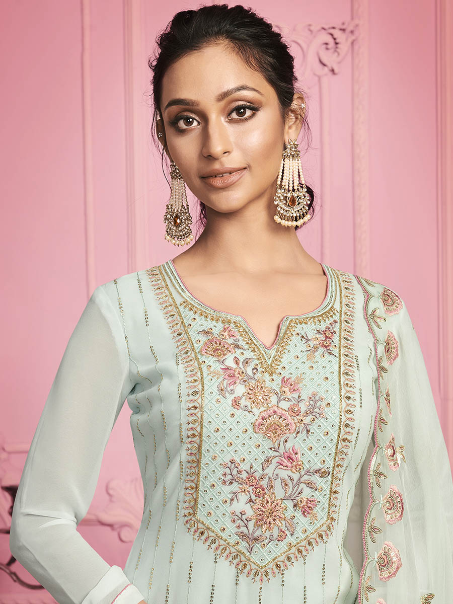 Myra Misty Teal Georgette Salwar Kameez | Grocsy