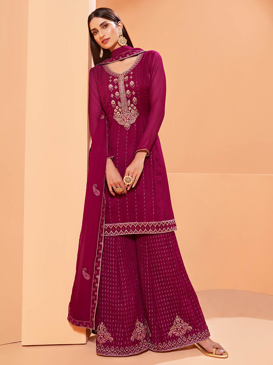 Myra Magenta Heavy Embroidered Sharara Suit | Grocsy