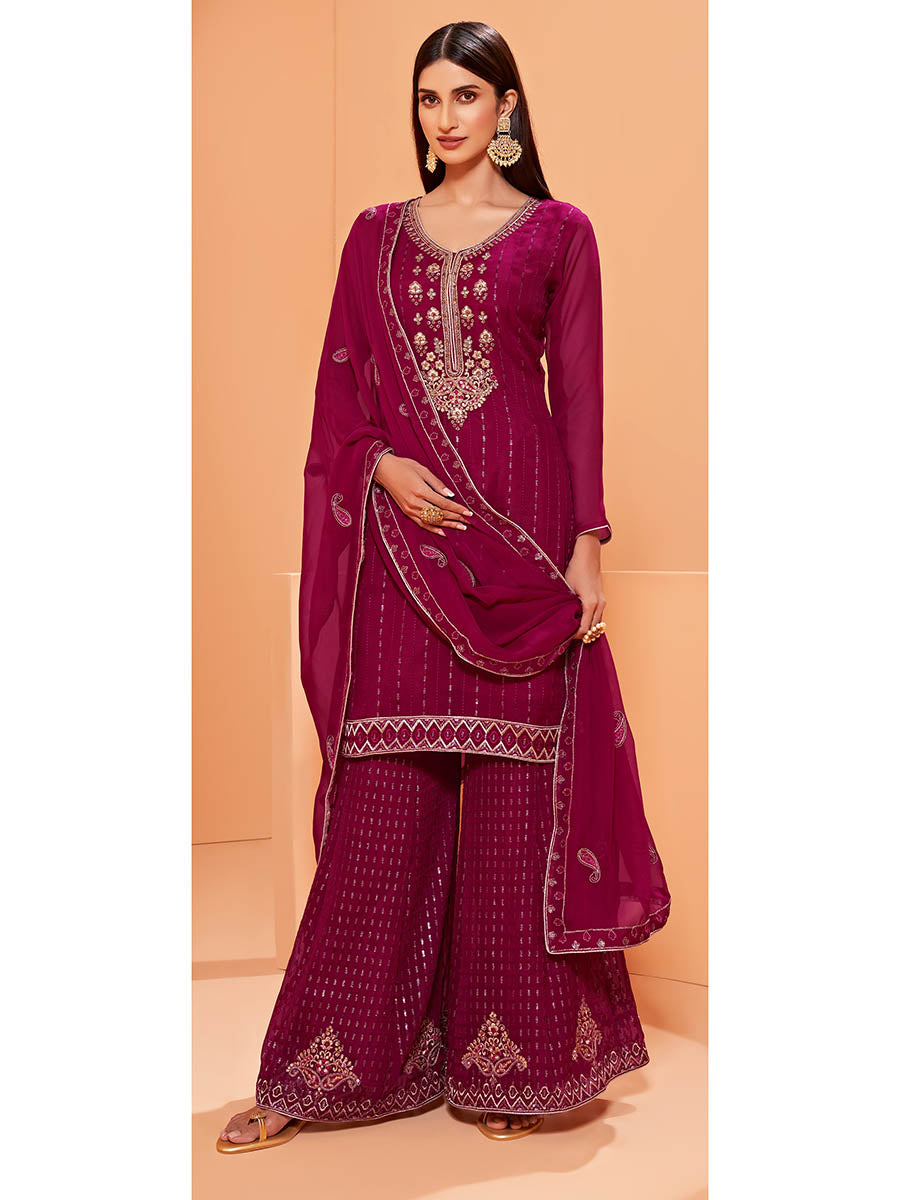 Myra Magenta Heavy Embroidered Sharara Suit | Grocsy