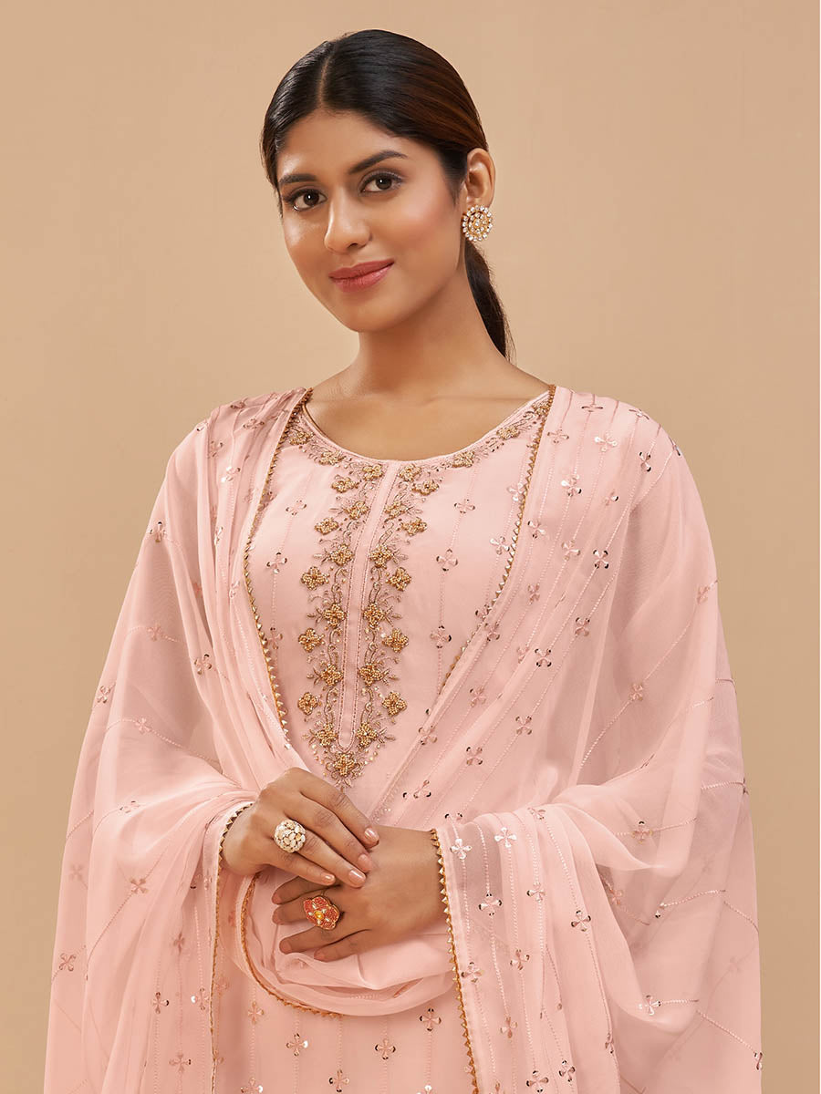 Myra Peach Pure Georgette Embroidered Suit | Grocsy