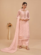 Myra Peach Pure Georgette Embroidered Suit | Grocsy