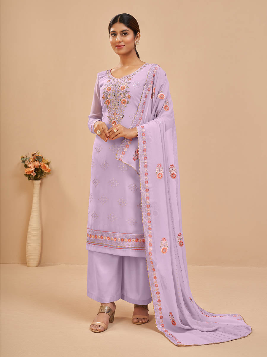 Myra Lovender Pure Georgette Embroidered Suit | Grocsy