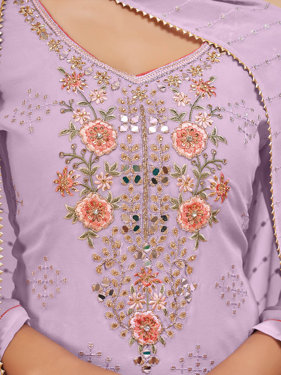 Myra Lovender Pure Georgette Embroidered Suit | Grocsy