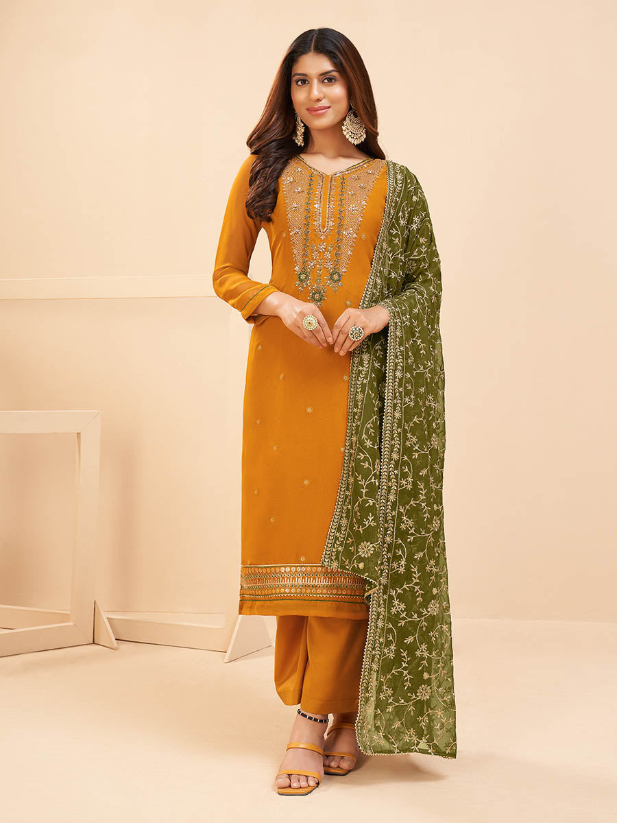 Myra Mustard Yellow Georgette Embroidered Palazzo Suit | Grocsy