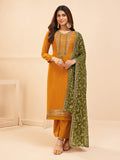 Myra Mustard Yellow Georgette Embroidered Palazzo Suit | Grocsy