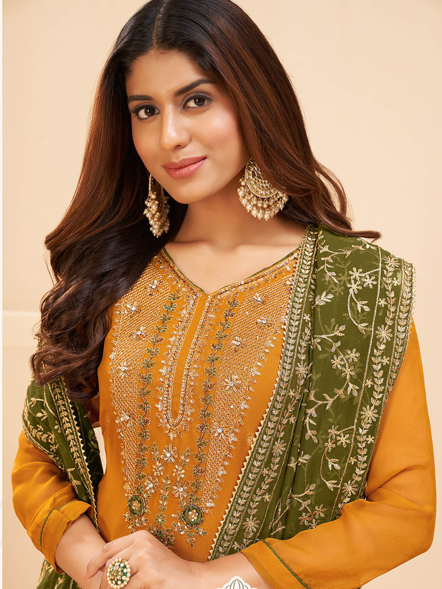 Myra Mustard Yellow Georgette Embroidered Palazzo Suit | Grocsy