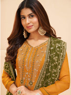 Myra Mustard Yellow Georgette Embroidered Palazzo Suit | Grocsy