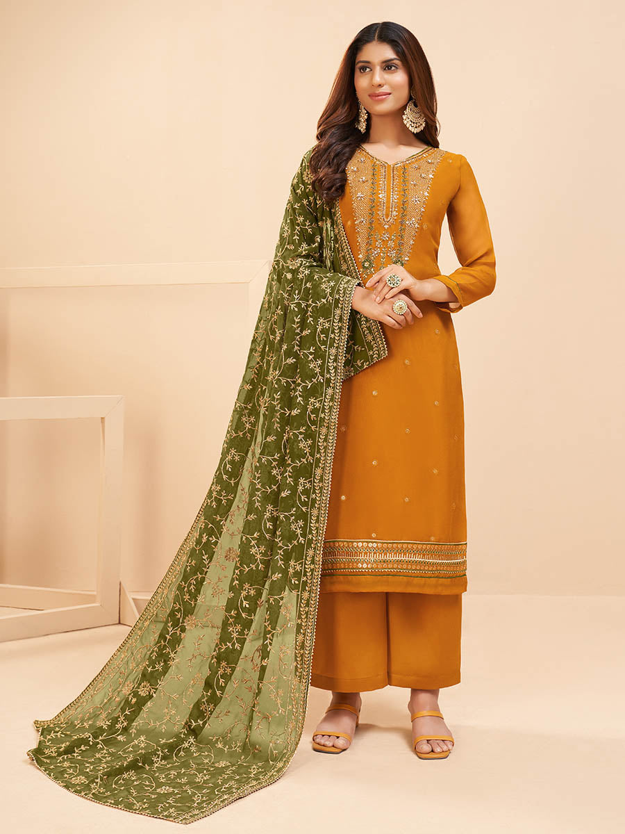 Myra Mustard Yellow Georgette Embroidered Palazzo Suit | Grocsy