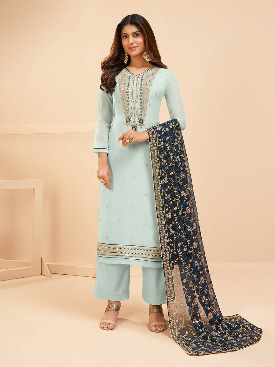 Myra Light Blue Georgette Embroidered Palazzo Suit | Grocsy