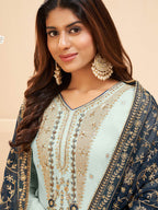 Myra Light Blue Georgette Embroidered Palazzo Suit | Grocsy