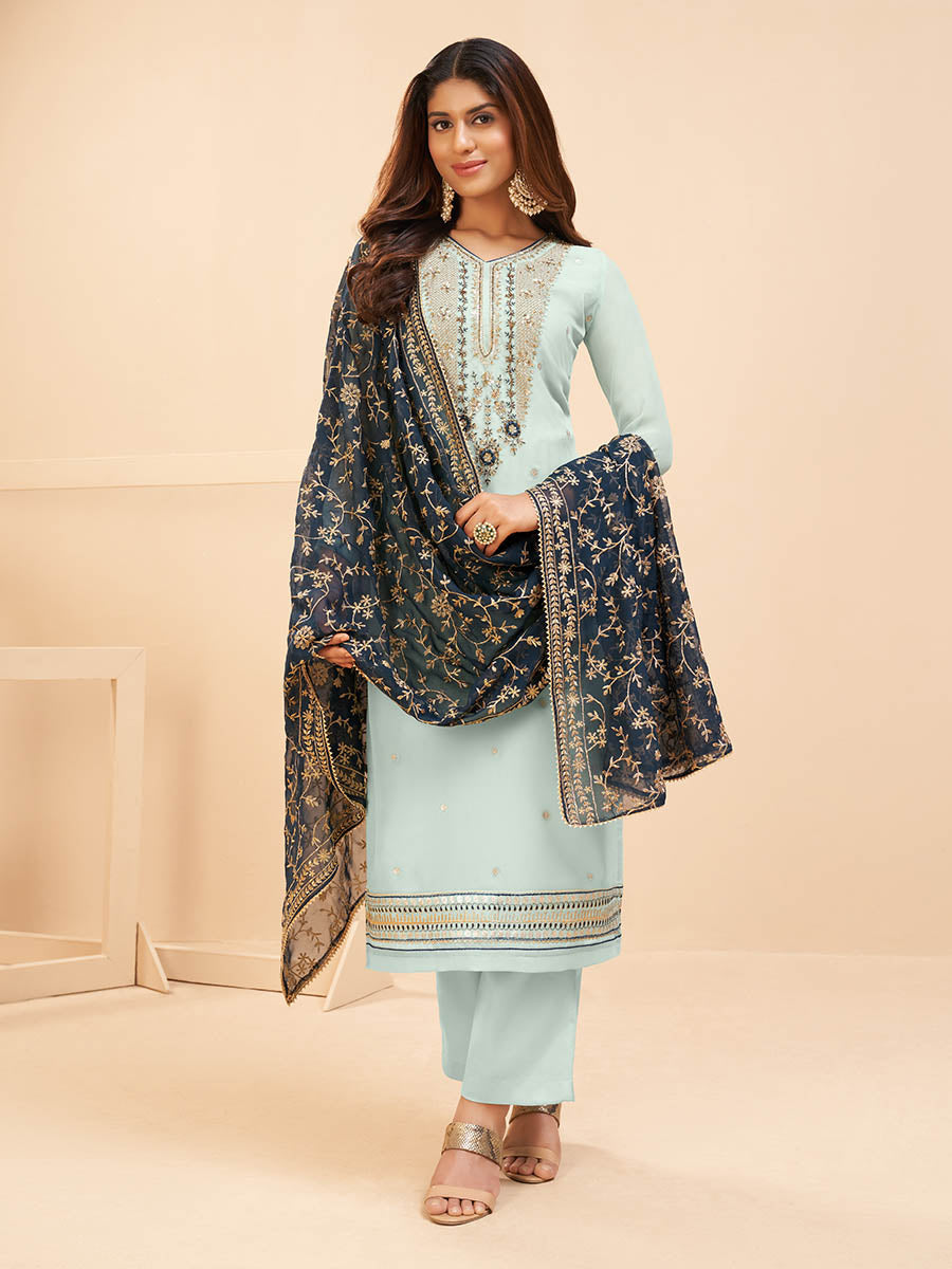 Myra Light Blue Georgette Embroidered Palazzo Suit | Grocsy