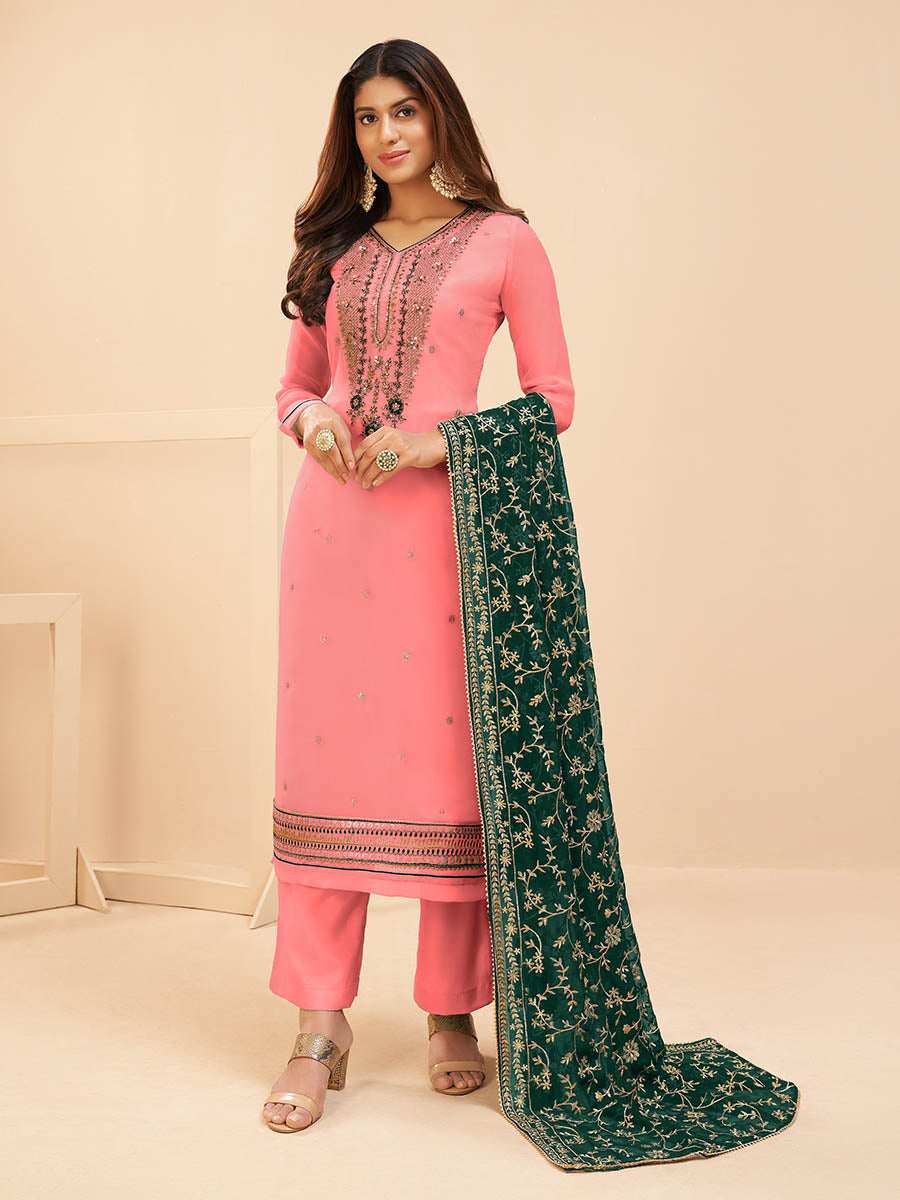 Myra Peach Georgette Embroidered Palazzo Suit | Grocsy