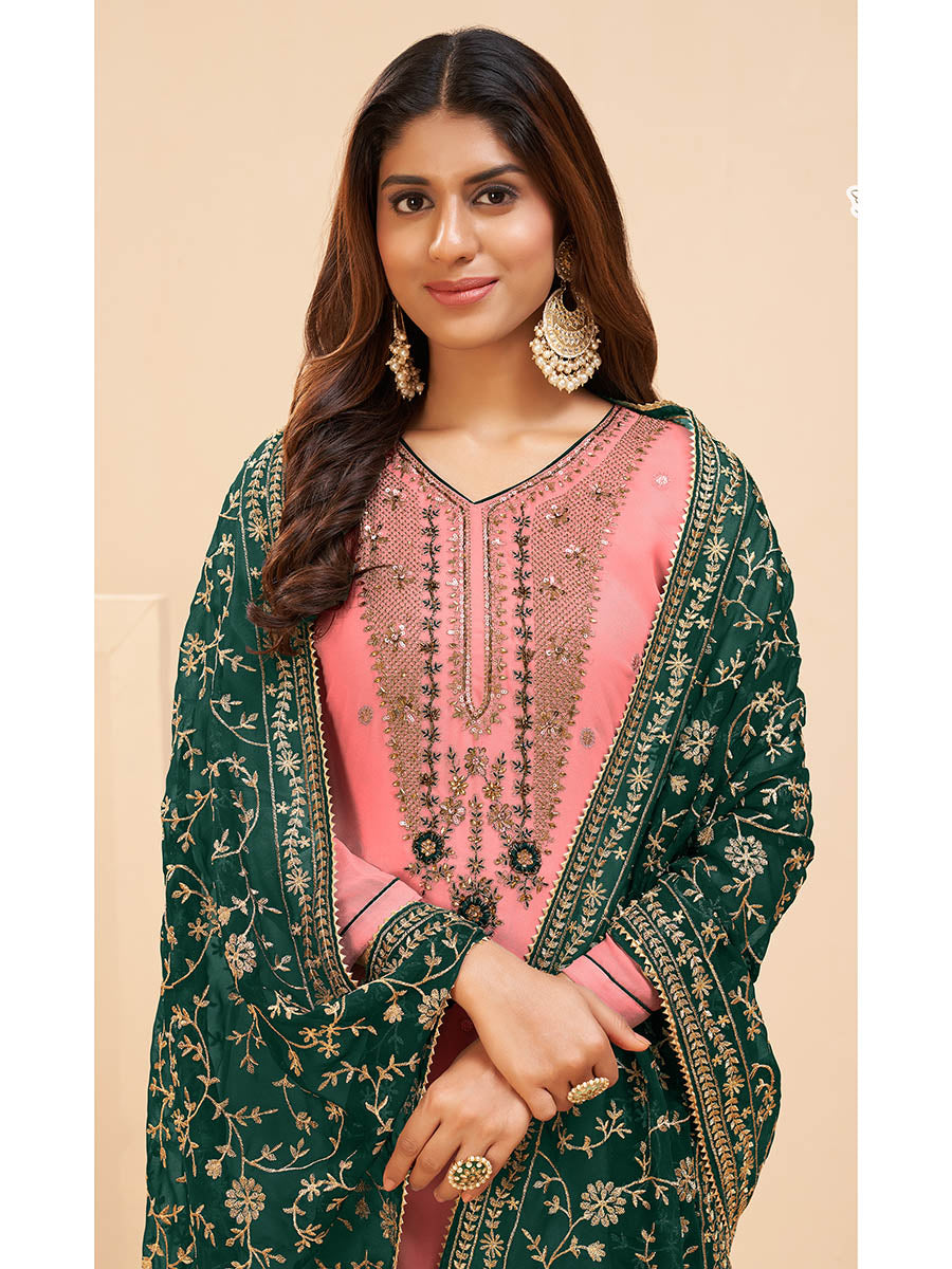 Myra Peach Georgette Embroidered Palazzo Suit | Grocsy