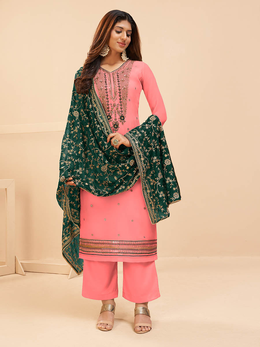 Myra Peach Georgette Embroidered Palazzo Suit | Grocsy