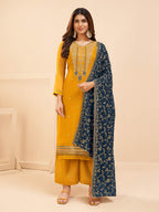 Myra Yellow Georgette Embroidered Palazzo Suit | Grocsy
