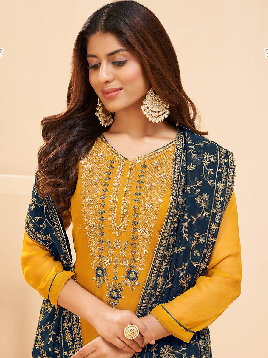 Myra Yellow Georgette Embroidered Palazzo Suit | Grocsy