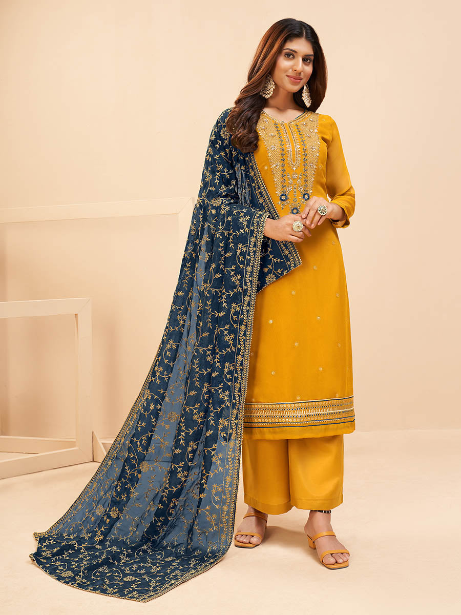 Myra Yellow Georgette Embroidered Palazzo Suit | Grocsy
