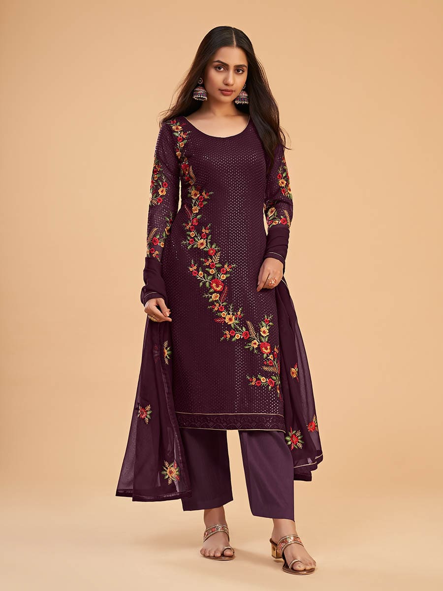 Myra Wine Georgette Embroidered Pant Style Suit | Grocsy