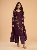 Myra Wine Georgette Embroidered Pant Style Suit | Grocsy