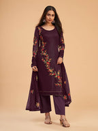 Myra Wine Georgette Embroidered Pant Style Suit | Grocsy