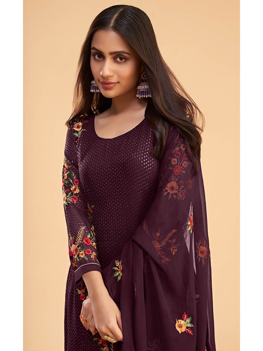 Myra Wine Georgette Embroidered Pant Style Suit | Grocsy